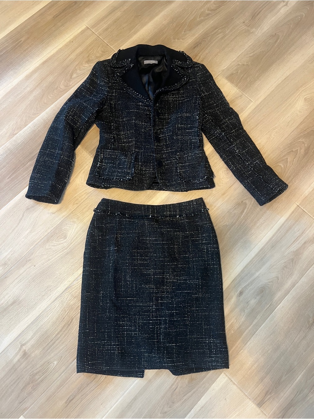 Ann Taylor Black Tweed Two-Piece Skirt Suit with Metallic Accent